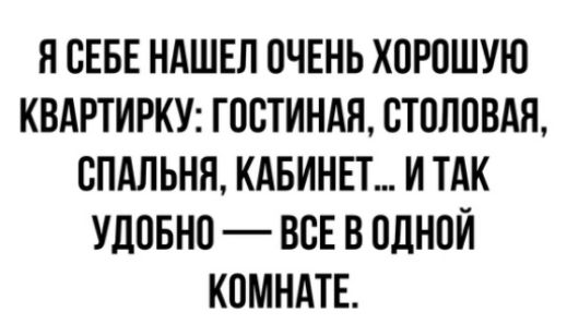 Я СЕБЕ НАШЕЛ ОЧЕНЬ ХОРОШУЮ КВАРТИРКУ ГОСТИНАЯ ОТОПОВАЯ ОПАЛЬНЯ КАБИНЕТ И ТАК УДОБНО ВСЕ В ОДНОЙ КОМНАТЕ