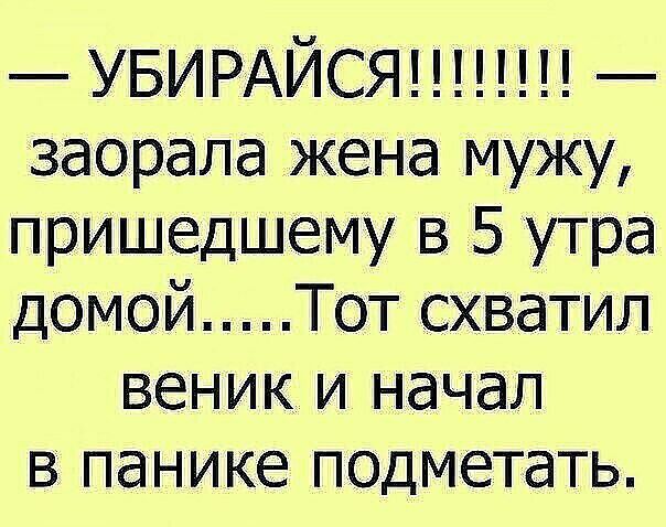 УБ_ИРАЙСЯ заорала жена мужу пришедшему в 5 утра домой Тот схватил веник и начал в панике подметать