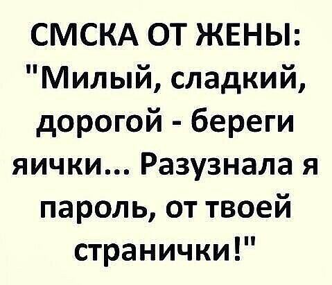 СМСКА ОТ ЖЕНЫ Милый сладкий дорогой береги яички Разузнала я пароль от твоей странички