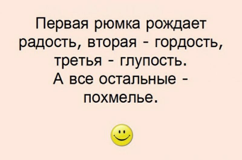 Первая рюмка рождает радость вторая гордость третья глупость А все остальные похмелье
