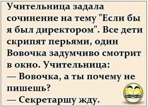 Учительницгійзадалйа сочинение на тему Если бы я был директором Все дети скрипят перьями один Вовочка задумчиво смотрит в окно Учительница Вовочка ты почему не пишешь Секретаршу жду