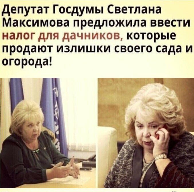 депутат Госдумы Светлана Максимова предложила ввести налог для дачников которые продают излишки своего сада и огорода