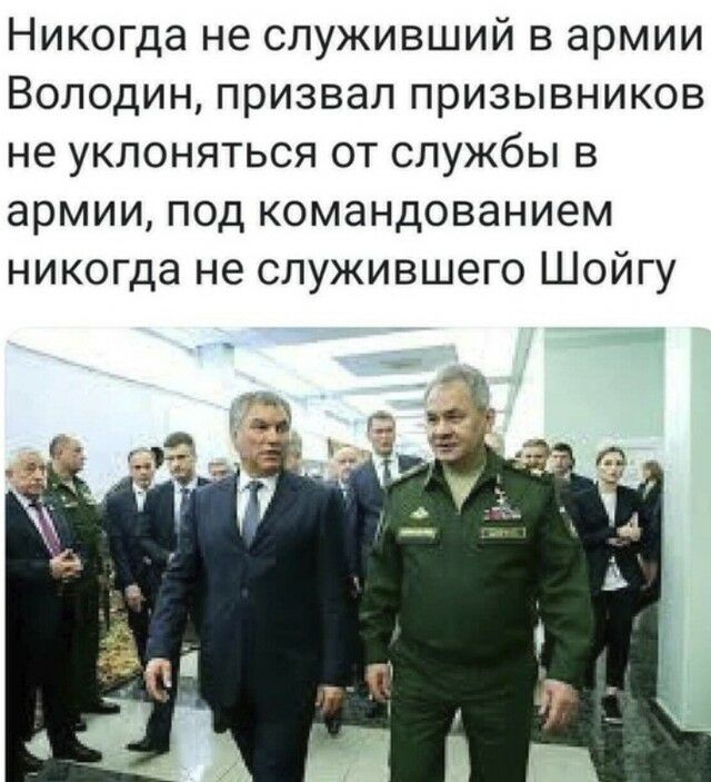 Никогда не служивший в армии Володин призвал призывников не уклоняться от службы в армии под командованием никогда не служившего Шойгу