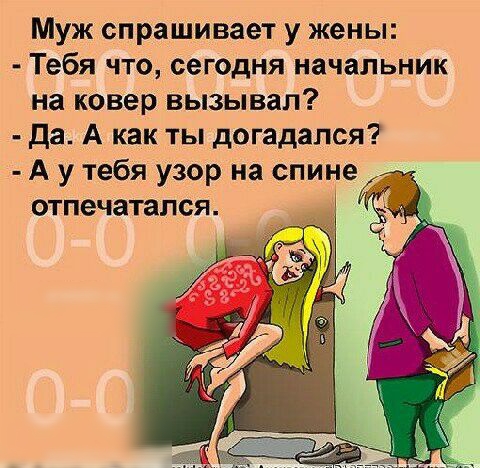 Муж спрашивает у жены Тебя что сегодня начальник на ковер вызывал да А как ты догадался А у тебя узор на спине отпечатался