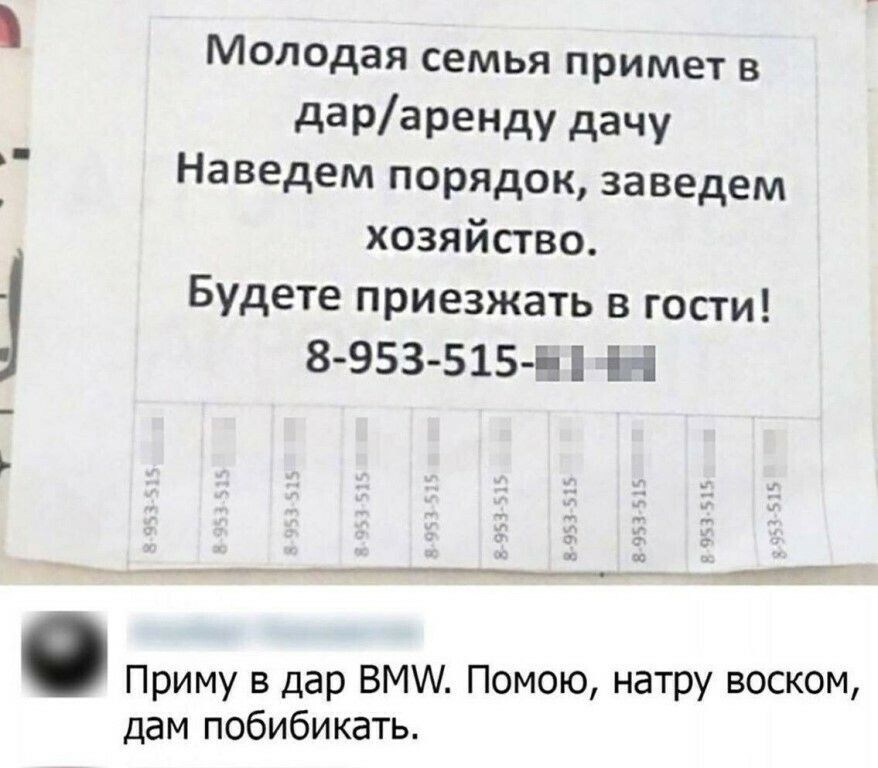Молодая семья примет в дарареНДу дачу Наведем порядок заведем хозяйство Будете приезжать в гости 8953 515 Ы Н _ Приму в дар ВМ Помою натру воском дам побибикать