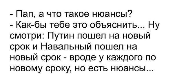 Пап а что такое нюансы Как бы тебе это объяснить Ну смотри Путин пошел на новый срок и Навальный пошел на новый срок вроде у каждого по новому сроку но есть нюансы