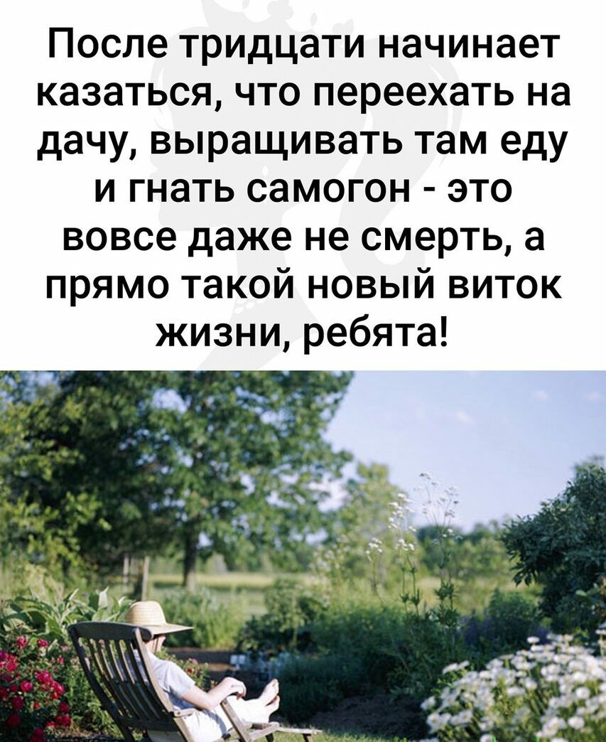 После тридцати начинает казаться что переехать на дачу выращивать там еду и гнать самогон это вовсе даже не смерть а прямо такой новый виток жизни ребята
