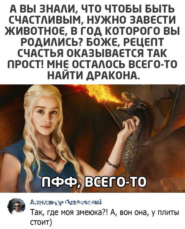 А ВЫ 3НААИ ЧТО ЧТОБЫ БЫТЬ СЧАСТАИВЫМ НУЖНО ЗАВЕСТИ ЖИВОТНОЕ В ГОД КОТОРОГО ВЫ РОДИАИСЬ БОЖЕ РЕЦЕПТ СЧАСТЬЯ ОКАЗЫВАЕТСЯ ТАК ПРОСТ МНЕ ОСТААОСЬ ВСЕГО ТО НАИТИ ДРАКОНА зхлдпд Щаз и л ю Так где моя змеюка А вон она у плиты стоит