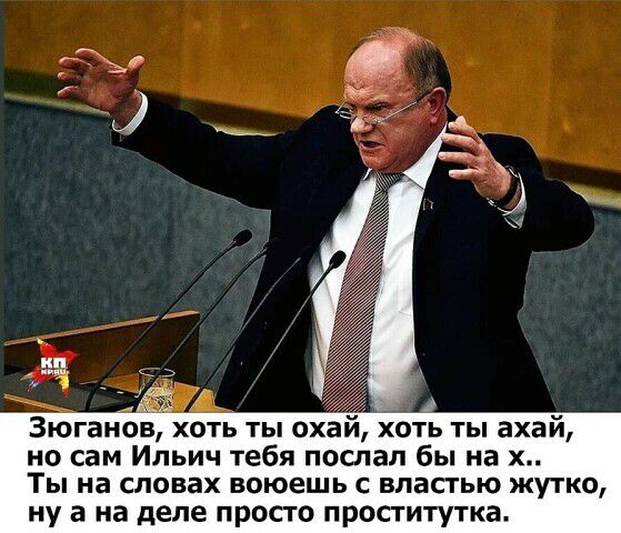 Зюганов хоть ты охаи хоть ты ахай но сам Ильич тебя послал бы на х Ты на словах воюешь с властью жутко ну а на деле просто проститутка