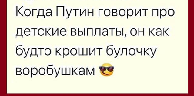 Когда путин говорит про детские выплаты, он как будто крошит булочку воробушкам