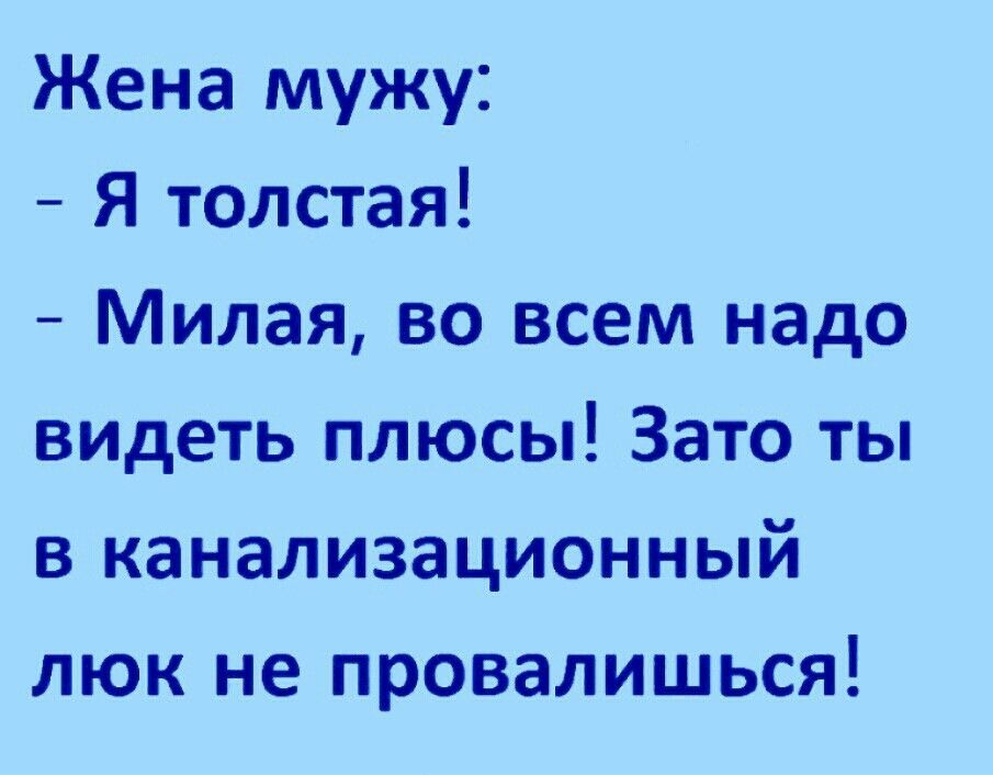 Жена мужу Я толстая Милая во всем надо видеть плюсы Зато ты в канализационный люк не провалишься