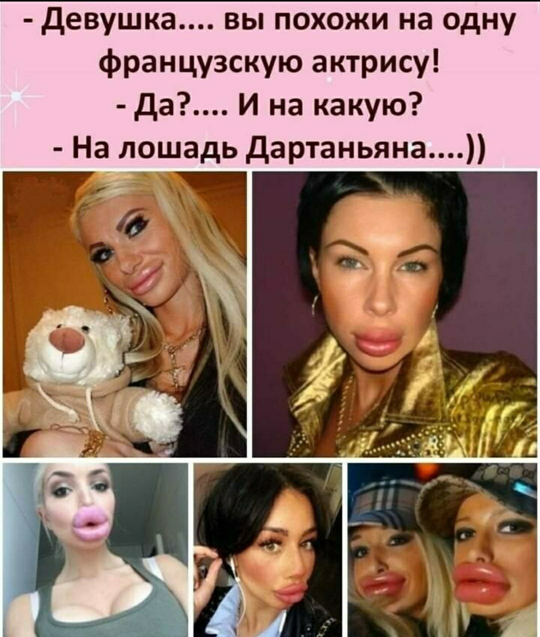девушка.... Вы похожи на одну французскую актрису!  Да?.... И на какую?  На лошадь дартаньяна....