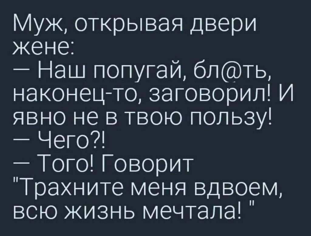 Муж открывая двери жене Наш попугай блть наконецто заговорил И явно не в твою пользу Чего Того Говорит Трахните меня вдвоем всю жизнь мечтала