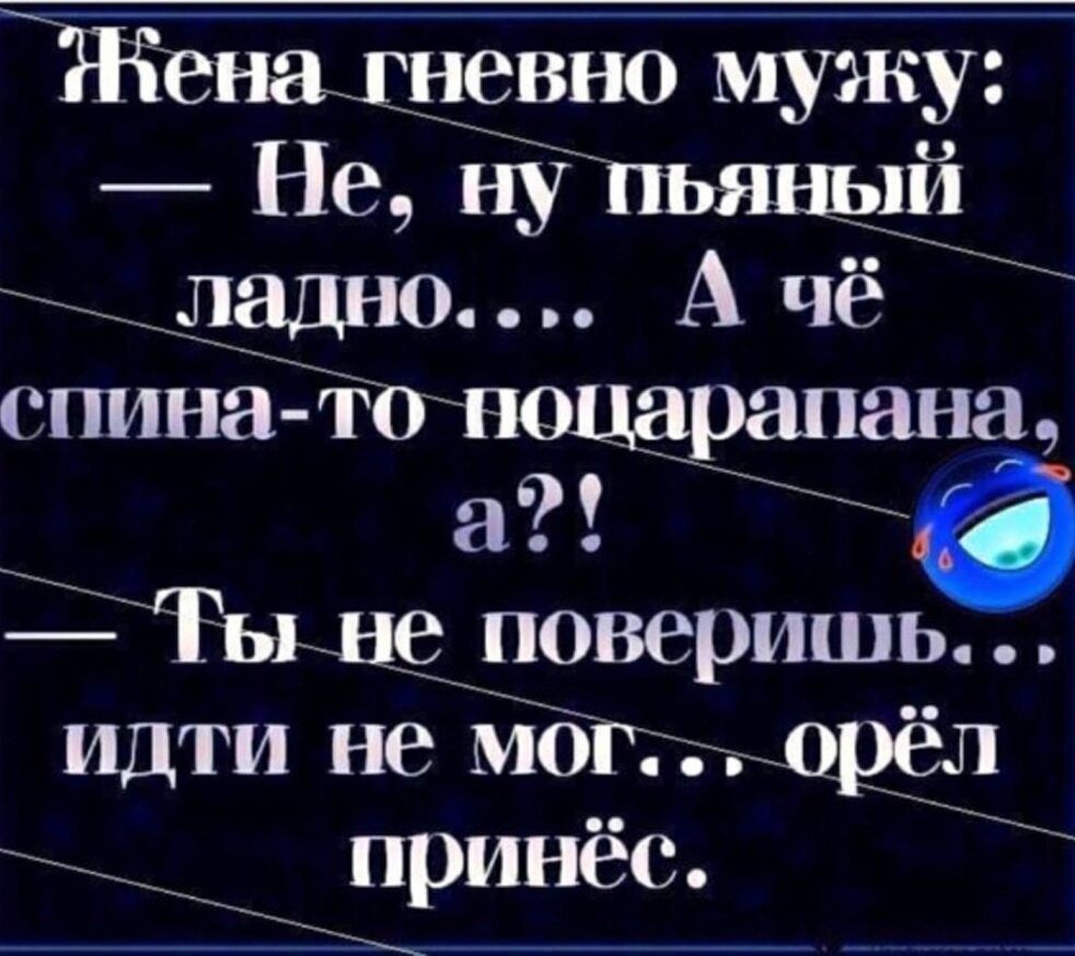 Жена гневно мужу Не ну пьяный ладно А чё нина то нщарапапа а Гыне поверишь идти не мог орёл принёс