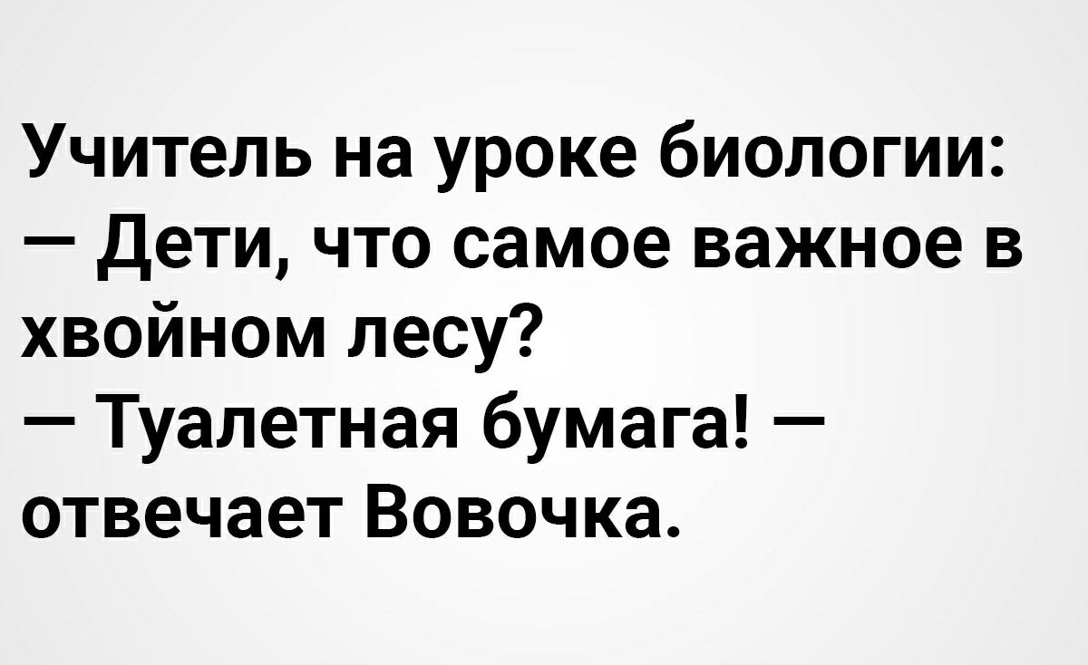 Учитель на уроке биологии Дети что самое важное в хвойном лесу Туалетная бумага отвечает Вовочка