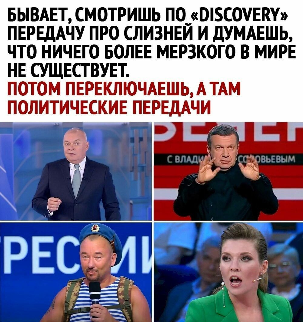 БЫВАЕТ СМОТРИШЬ ПО__ ШБСОУЕКУ ПЕРЕДАЧУ ПРО СЛИЗНЕЙ И ДУМАЕШЬ ЧТО НИЧЕГО БОЛЕЕ МЕРЗКОГО В МИРЕ НЕ СУЩЕСТВУЕТ ПОТОМ ПЕРЕКЛЮЧАЕШЬА ТАМ ПОЛИТИЧЕСКИЕ ПЕРЕДАЧИ