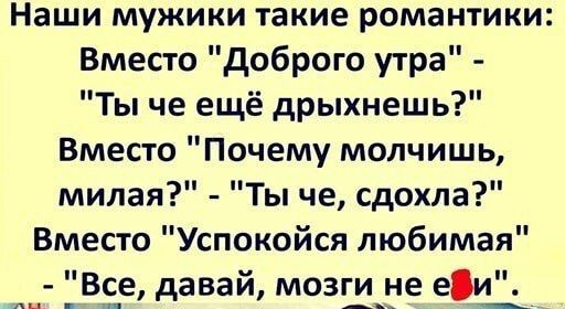 Наши мужики такие романтики Вместо доброго утра Ты че ещё дрыхнешь Вместо Почему молчишь милая Ты че сдохла Вместо Успокойся любимая Все давай мозги не е