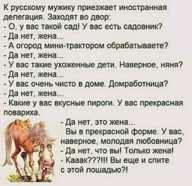 К русскому мужику приезжает иностранная делегация Заходят во двор О у вас такой сад У вас есть садовник Да нет жена А огород мини трактором обрабатываете Да нет жена У вас такие ухоженные дети Наверное няня Да нет жена У вас очень чисто в доме Домработница Да нет жена Какие у вас вкусные пироги У вас прекрасная повариха Да нет это жена Вы в прекрасной форме У вас наверное молодая любовница Да нет 
