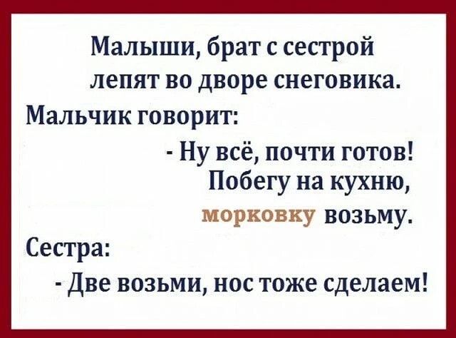 Малыши брат с сестрой лепят во дворе снеговика Мальчик говорит Ну всё почти готов Побегу на кухню морковку возьму Сестра Две возьми нос тоже сделаем