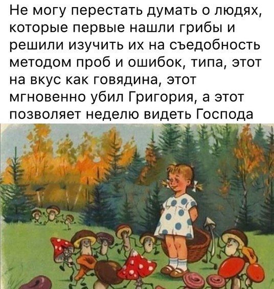 Не могу перестать думать о людях которые первые нашли грибы и решили изучить их на съедобность методом проб и ошибок типа этот на вкус как говядина этот мгновенно убил Григория а этот позволяет неделю видеть Господа