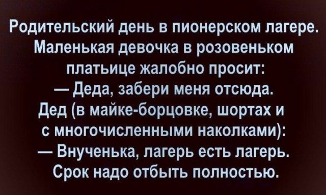 Родительский день в пионерском лагере Маленькая девочка в розовеньком платьице жалобно просит Деда забери меня отсюда дед в майке борцовке шортах и с многочисленными наколками Внученька лагерь есть лагерь Срок надо отбыть полностью