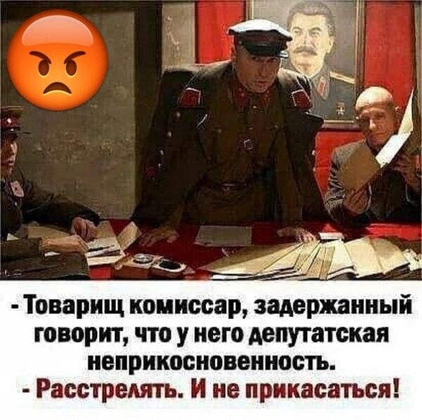 Товарищ комиссар задержанный говорит что у него депутатская иеприкосновеииость Расстрсдять И не прикасаться
