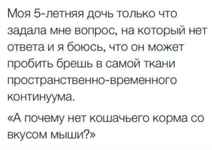 Моя 5 летняя дочь только что задала мне вопрос на который нет ответа и я боюсь что он может пробить брешь в самой ткани пространственно временного континуума А почему нет кошачьего корма со вкусом мыши