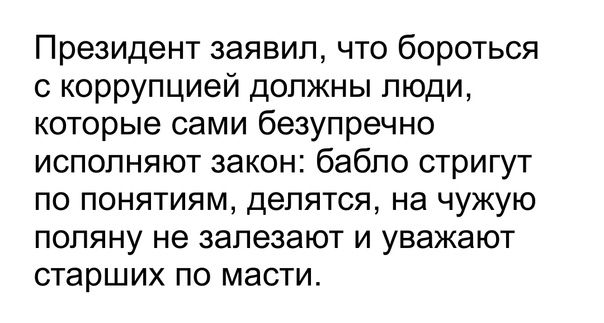 Президент заявил что бороться с коррупцией должны люди которые сами безупречно исполняют закон бабло стригут по понятиям делятся на чужую поляну не запезают и уважают старших по масти
