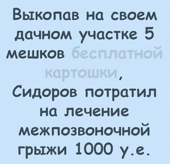 Выкопав на своем дачном участке 5 мешков Сидоров потратил на лечение межпозвоночной грыжи 1000 уе