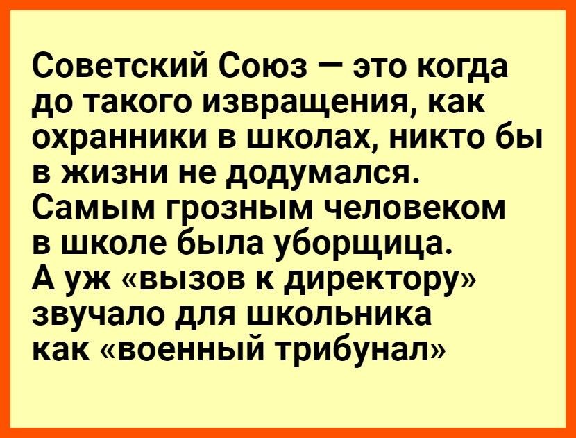 Советский Союз это когда до такого извращения как охранники в школах никто бы в жизни не додумался Самым грозным человеком в школе была уборщица А уж вызов к директору звучало для школьника как военный трибунал