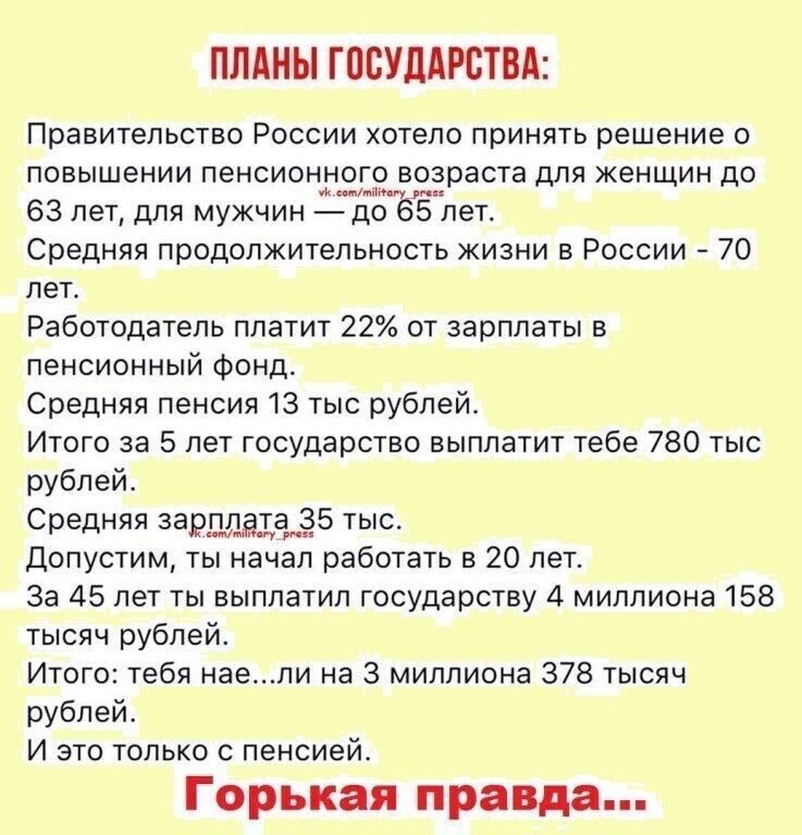 ПЛАНЫ ГПЕУДАРБТВА Правительство России хотело принять решение о повышении пенсионномо_воёраста для женщин до 63 лет для мужчин до 5 лет Средняя продолжительность жизни в России 70 лет Работодатель платит 22 от зарплаты в пенсионный фонд Средняя пенсия 13 тыс рублей Итого за 5 лет государство выплатит тебе 780 тыс рублей Средняя зал19523335 тыс Допустим ты начал работать в 20 лет За 45 лет ты выпла