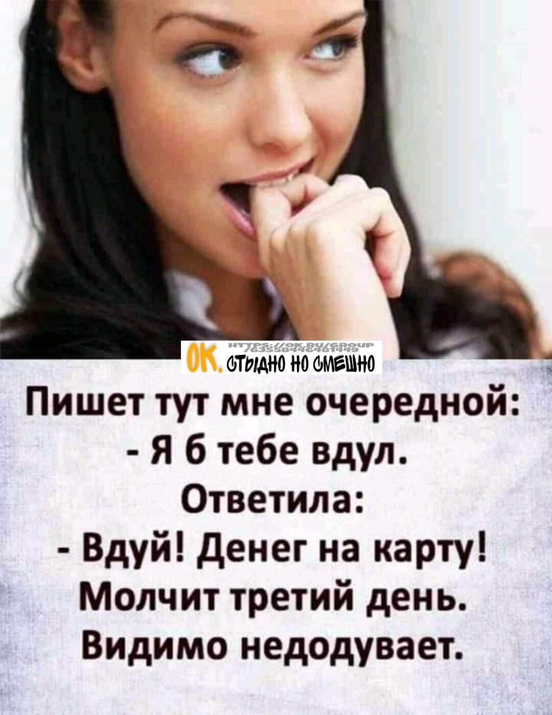 А ФТРМНО НО ФМБШНО Пишет тут мне очередной Я б тебе вдул Ответила Вдуй денег на карту Молчит третий день Ендимо недодувает