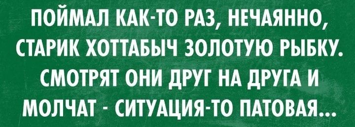 ПОЙМАЛ КАК ТО РАЗ НЕЧАЯННО СТАРИК ХОТТАБЫЧ ЗОЛОТУЮ РЫБКУ СМОТРЯТ ОНИ дРУТ НА дРУТА И МОЛЧАТ СИТУАЦИЯ ТО ПАТОВАЯ