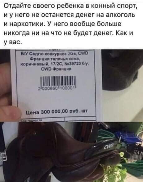 Отдайте своего ребенка в конный спорт и у него не останется денег на алкоголь и наркотики У него вообще больше никогда ни на что не будет денег Как и Би сшю цін им дц сю бряки л пп идиш ні ппц щит и сип ом дин шп 00850 шсаш