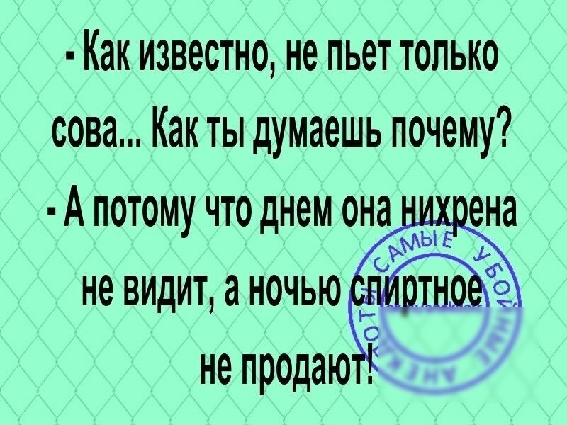 Как известно не пьет только сова Как ты думаешь почему А потому что днем она ы