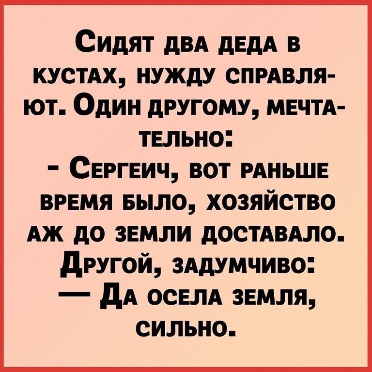 Сидят дВА дЕдА в КУСТАХ НУЖдУ СПРАВЛЯ ЮТ ОДИН дРУГОМУ МЕЧТА ТЕЛЬН0 СЕРГЕИЧ ВОТ РАНЬШЕ время БЫЛО хозяйство Аж до земли дОСТАВАЛО другой 3Адумчиво дА ОСЕЛА звмля сильно