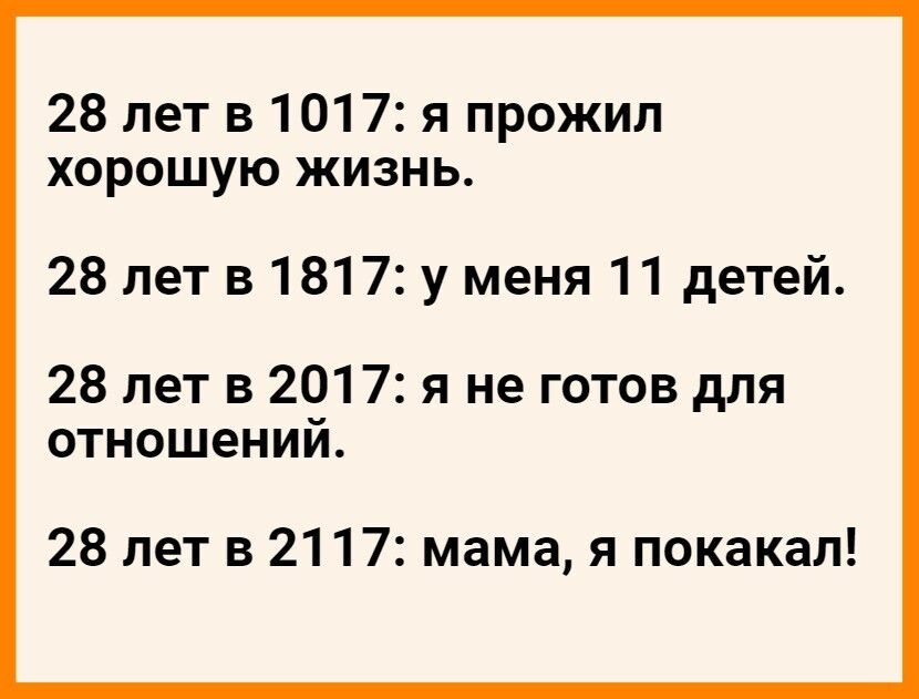 28 лет в 1017 я прожил хорошую жизнь 28 лет в 1817 у меня 11 детей 28 лет в 2017 я не готов для отношений 28 лет в 2117 мама я покакал