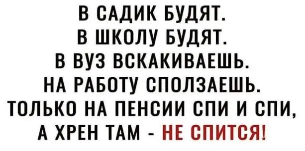 В ОАДИК БУДЯТ В ШКОЛУ БУДЯТ В ВУЗ ВОКАКИВАЕШЬ НА РАБОТУ ОПОЛЗАЕШЬ ТОЛЬКО НА ПЕНОИИ ОПИ И СПИ А ХРЕН ТАМ НЕ ОПИТОЯ