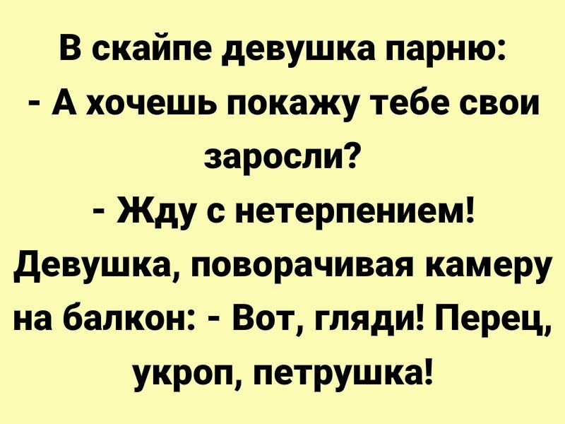 В скайпе девушка парню А хочешь покажу тебе свои заросли Жду с нетерпением девушка поворачивая камеру на балкон Вот гляди Перец укроп петрушка
