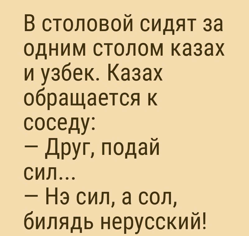 В столовой сидят за одним столом казах и узбек Казах обращается к соседу Друг подай сил Нэ сил а сол билядь нерусский