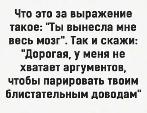 Что это за выражение такое Ты вынесла мне весь мозг Так и скажи дорогая у меня не хватает аргументов чтобы парировать твоим блистательным доводам