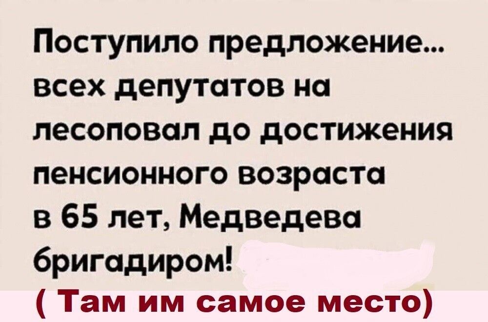 Поступило предложение всех депутатов но лесоповал до достижения пенсионного возраста в 65 лет Медведева бригадиром Там им самое место