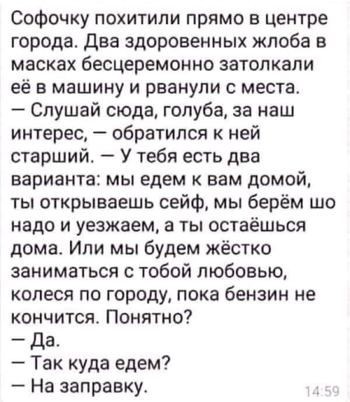 Софочку похитили прямо в центре города два здоровенных жлоба в масках бесцеремонно затолкали её в машину и рванули с места Слушай сюда голуба за наш интерес обратился к ней старший У тебя есть два варианта мы едем к вам домой ты открываешь сейф мы берём шо надо и уезжаем а ты остаёшься дома Или мы будем жёстко заниматься с тобой любовью колеся по городу пока бензин не кончится Понятно Да Так куда 