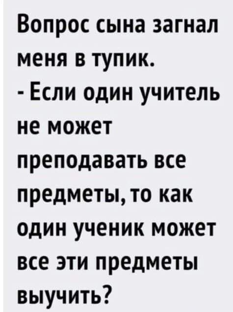 Вопрос сына загнал меня в тупик Если один учитель не может преподавать все предметыто как один ученик может все эти предметы выучить