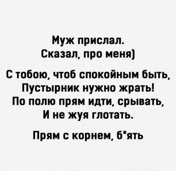 Муж прислал Сказал про меня с тобою чтоб спокойным быть Пустырник нужно жрать По полю прям идти срывать И не жуя глотать Прям с корнем бять