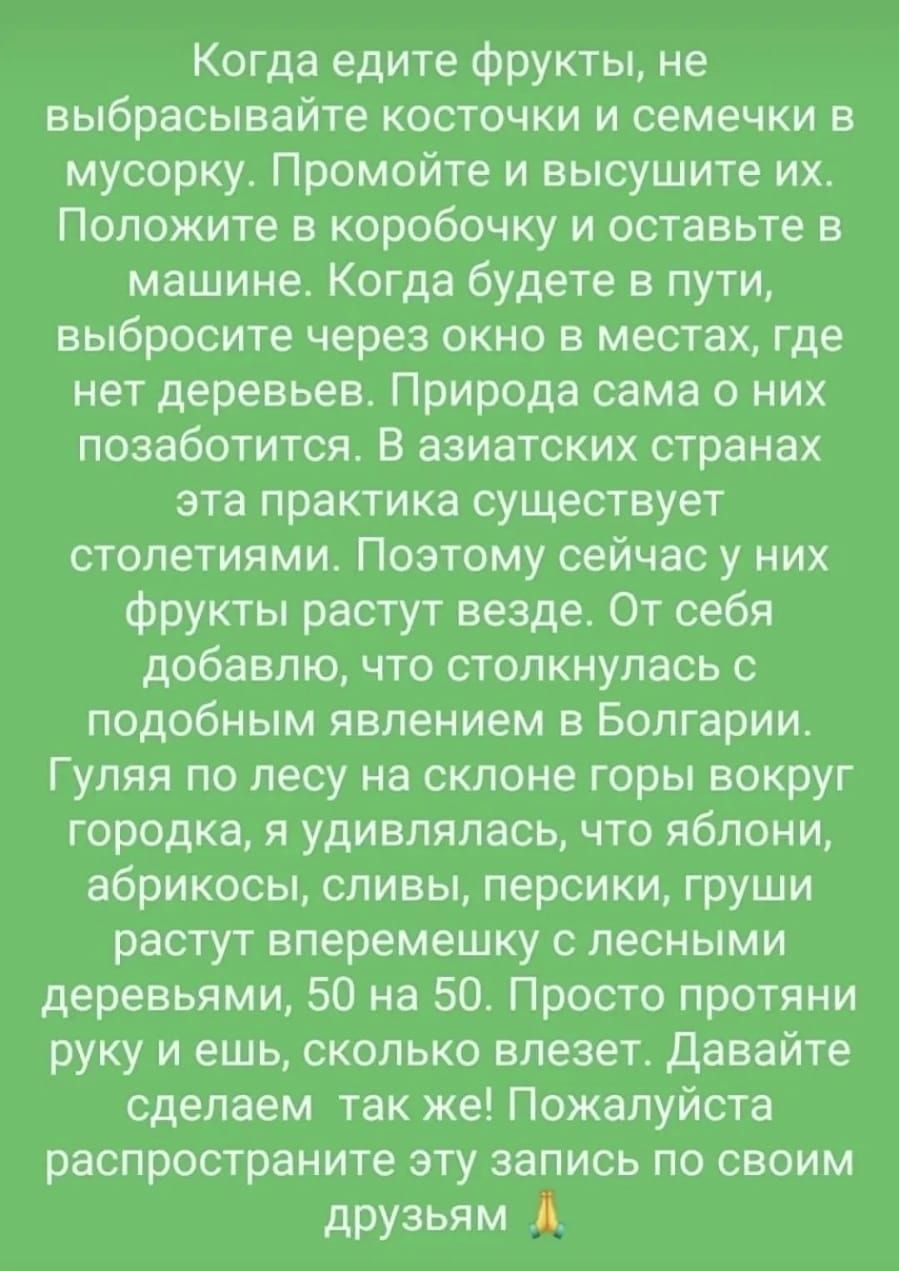 Когда едите фрукты не выбрасывайте косточки и семечки в мусорку Промойте и высушите их Положите в коробочку и оставьте в машине Когда будете в пути выбросите через окно в местах где нет деревьев Природа сама с них позаботится В азиатских странах эта практика существует столетиями Поэтому сейчас у них фрукты растут везде От себя добавлю что столкнулась с подобным явлением в Болгарии Гуляя по лесу н