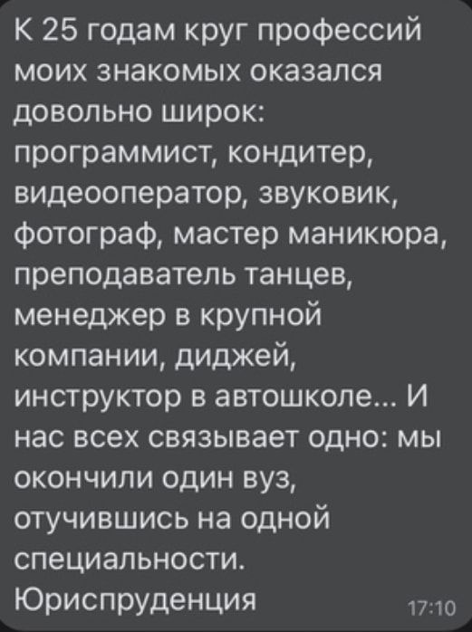 К 25 годам круг профессий моих знакомых оказался довольно широк программист кондитер видеооператор звуковик фотограф мастер маникюра преподаватель танцев менеджер в крупной компании диджей инструктор в автошколе И нас всех связывает одно мы окончили один вуз отучившись на одной специальности Юриспруденция 1710