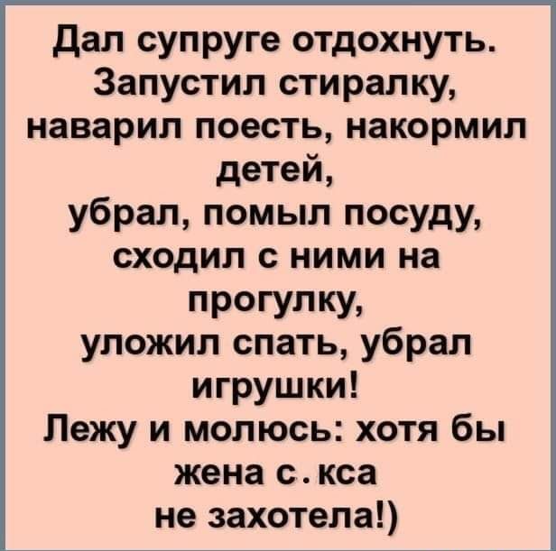 дал супруге отдохнуть Запустил стиралку наварил поесть накормил детей убрал помыл посуду сходил с ними на прогулку уложил спать убрал игрушки Лежу и молюсь хотя бы жена с кса не захотела