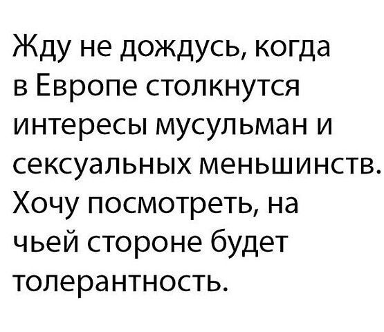 Жду не дождусь когда в Европе столкнутся интересы мусульман и сексуальных меньшинств Хочу посмотреть на чьей стороне будет толерантность