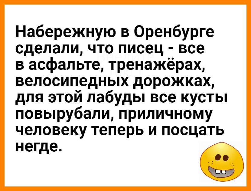 Набережную в Оренбурге сделали что писец все в асфальте тренажёрах велосипедных дорожках для этой лабуды все кусты повырубали приличному человеку теперь и посцать негде